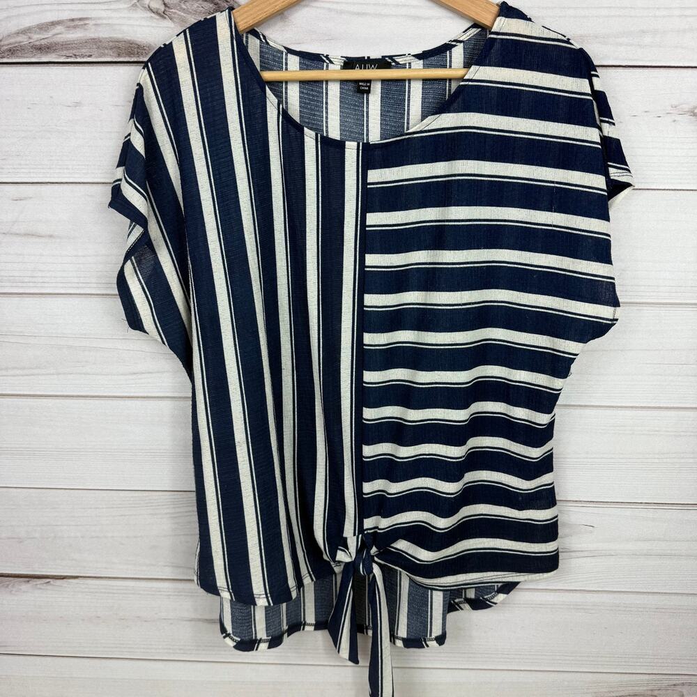 AUW‎ Womens Striped Navy Blue White Tie Knot Top Womens M